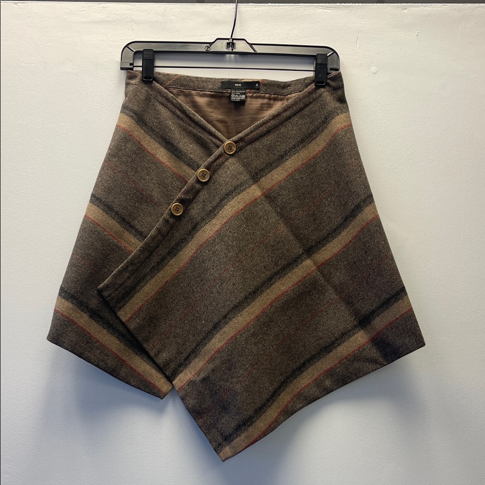 Wool Blend Asymmetrical Wrap Skirt in Brown Plaid
